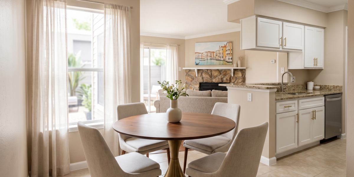 Dining area and updated kitchen with white cabinets in a Falls of Wilcrest apartment