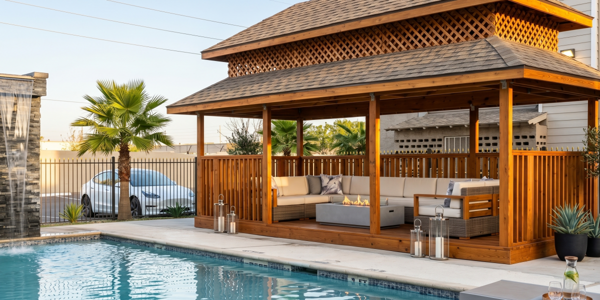 Resort-style swimming pool with a shaded cabana lounge at Falls of Wilcrest