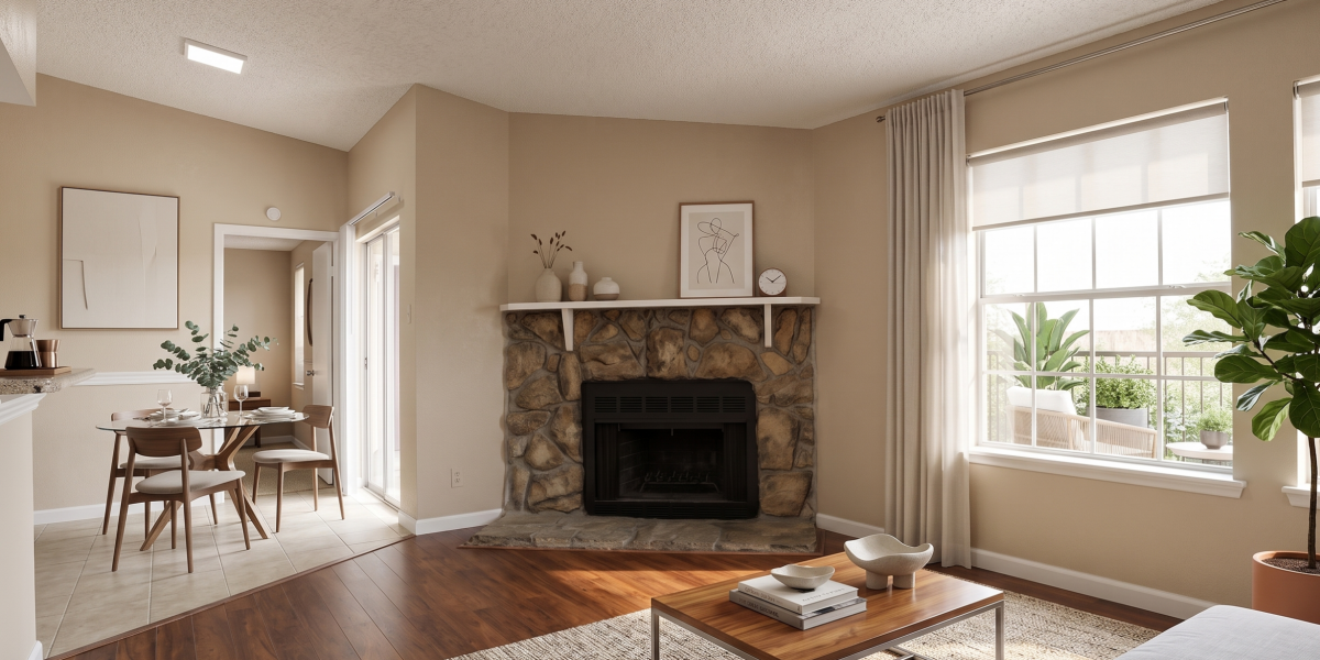 Bright living room with a corner fireplace in a Falls of Wilcrest apartment